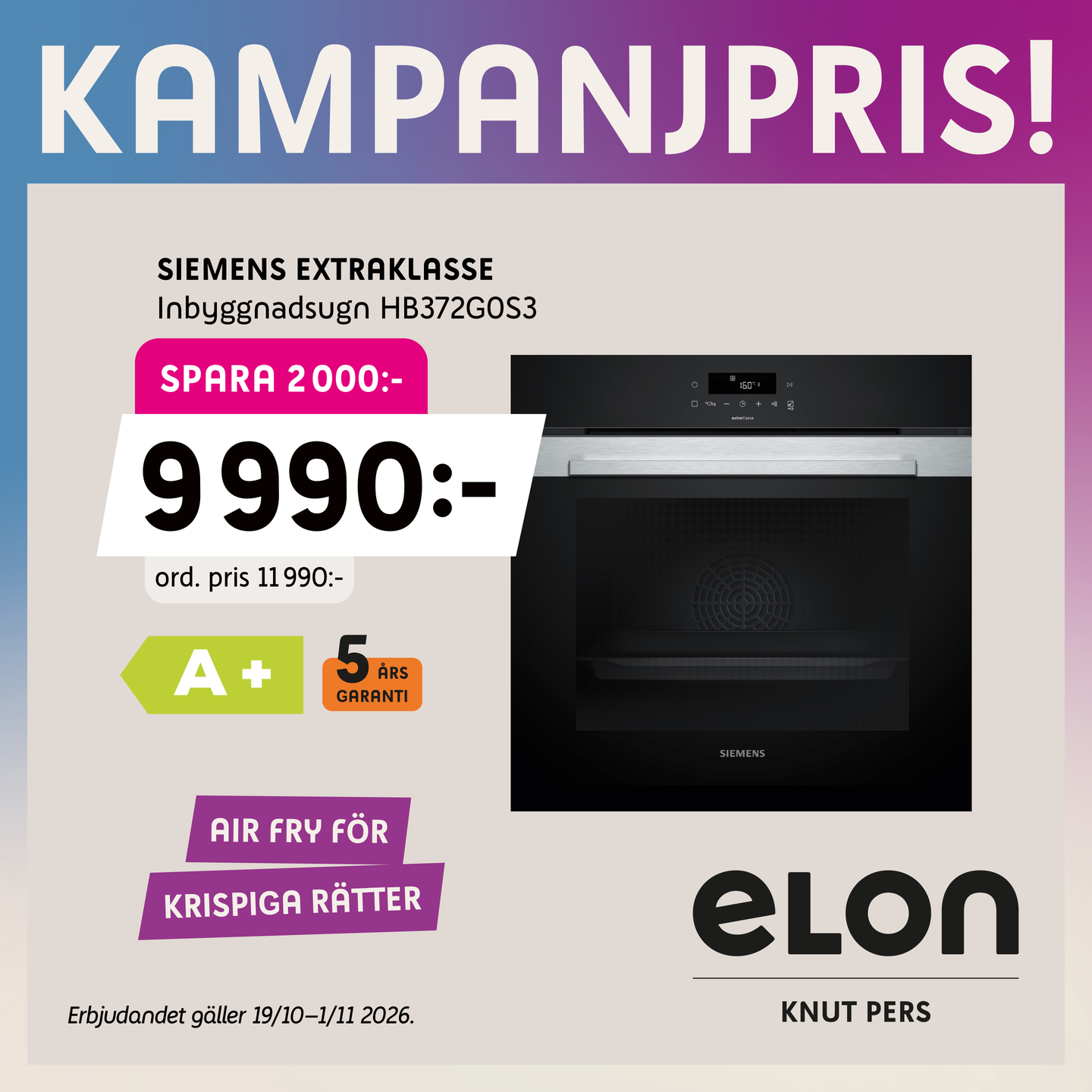Siemens inbyggnadsugn HB372G0S3 – kampanjpris Elon Ystad