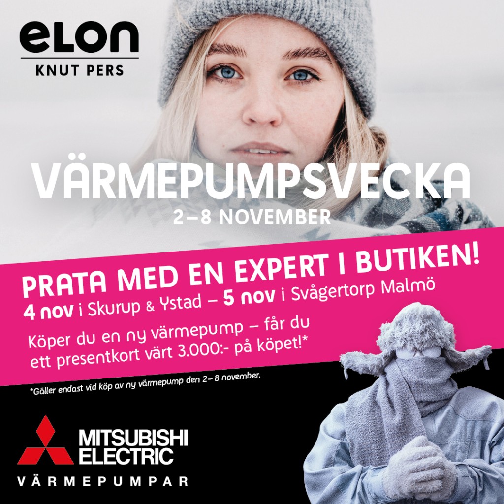 Värmepumpsvecka 2-8 november. 3 000 kr i presentkort vid köp av ny Mitsubishi-luftvärmepump hos Elon Knut Pers.