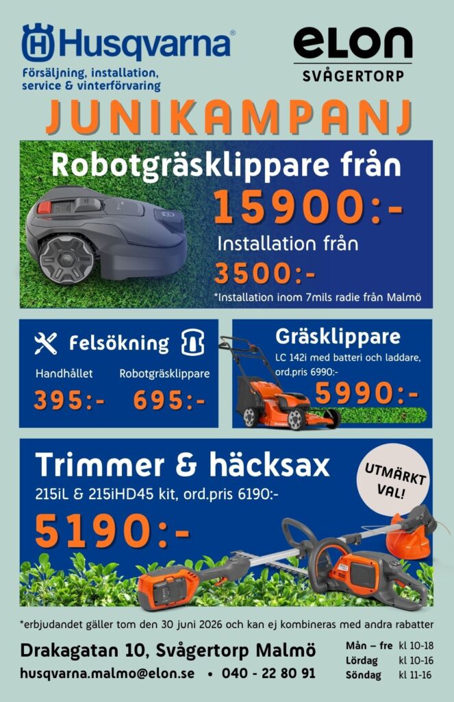 Swedish ad for lawn care gear with Husqvarna and Elon logos, featuring a robotic mower, lawn mower, trimmer, and highlighted prices.
